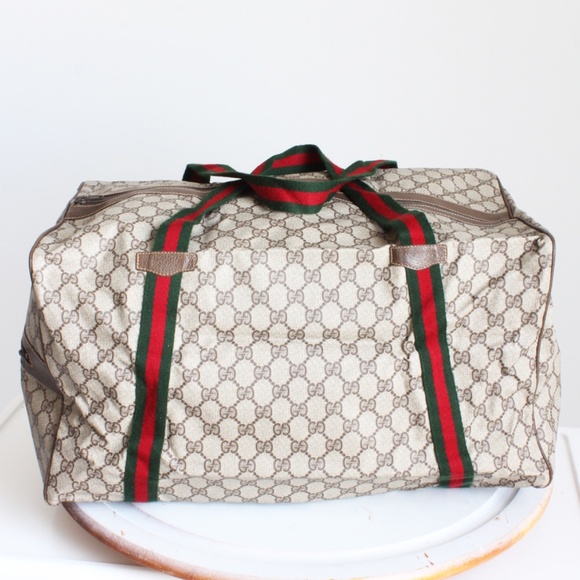 Gucci Duffle Bag GG Logo Canvas Brown Leather Trim Folding Travel Carry On 80s - Picture 7 of 15